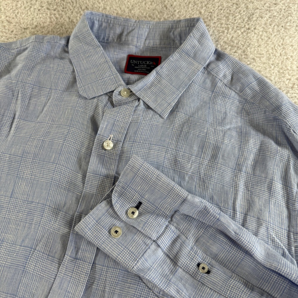 UNTUCKit Button Down Shirt Mens Large Blue Used Linen Glen Plaid Long Sleeve